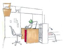 Zeichnung Büro, Schreibtisch, Bürostuhl, Wandborde