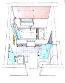 Illustration of bathroom with bathtub, toilet and sink, elevated view