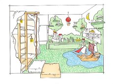 Zeichnung Kinderzimmer, Hochbett, Baummotive, Kletterseil, Spielzeug