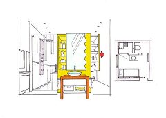 Illustration of bathroom with wash basin, shower and floor plan