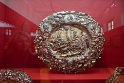 Close-up of ceremonial silver plate in Maximilian Museum in Augsburg, Bavaria, Germany