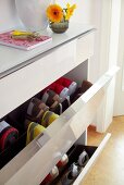 Various types of shoes in open shoe cabinet drawer