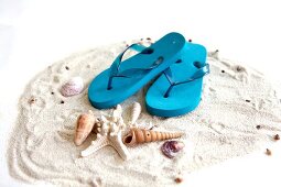 Blue flip flops on sand with sea shells