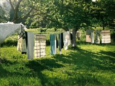 Washing on a clothesline and two horses in a garden