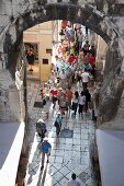 Tourists at iron gate in Split, Croatia