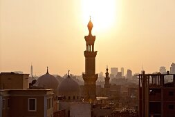 View of Al-Azhar mosque and Cairo Tower at sunset, Cairo, Aswan, Egypt