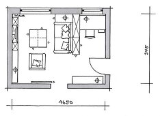 Illustration, Grundriss, Wohnzimmer mit Arbeitsplatz