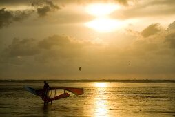 Man kiting on beach of St. Peter Ording, Germany, backlit