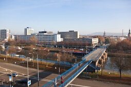 Elevated view of old bridge and Berliner Promenade at Saarbrucken, Saarland, Germany