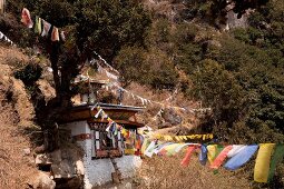 View of meditation house and buntings on mountain, Bhutan