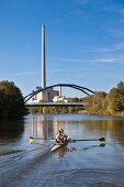 Jochen and Martin Kuehner rowing boat in Saarbrucken, Saarland, Germany