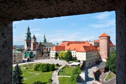 View of Wawel Royal Castle through flowers in Krakow, Poland