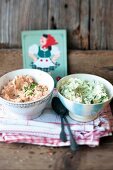 Bowls of Liptauer cheese spread and mashed potatoes with chives (Austria)