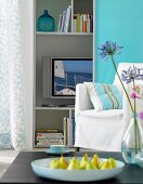 Wohnzimmer mit TV Blautöne, Türkistöne