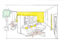 Illustration of diagonal living room, dining room and lounge area