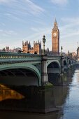 View of palace of Westminster, Big Ben and river Thames, London, UK