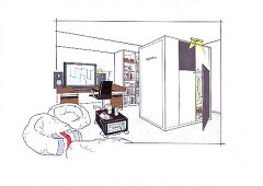 Illustration of office space with wardrobe