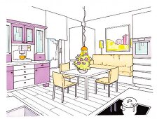 Illustration of dining area and kitchen