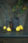 An arrangement of quinces and old containers