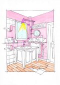 Illustration of bathroom with mirror over sink and cabinet