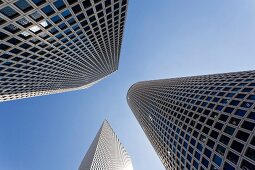 Low angle view of Azrieli Center and circular tower in Tel Aviv, Israel