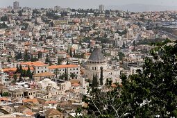 View of city with Church of Annunciation and Jesus Trail, Nazareth, Israel