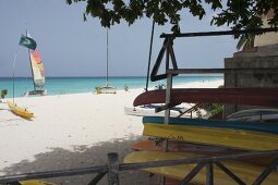 Boat on beach of Lesser Antilles at Caribbean island, Barbados