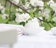 White vase with apple blossoms on table