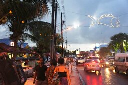 View of shops and vehicles on street at Lesser Antilles, Caribbean island, Barbados