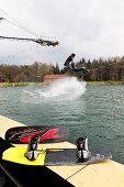 Man water skiing in lake, Dankern Castle, Haren, Germany
