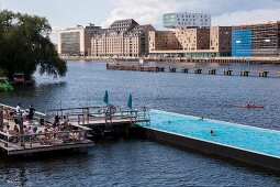 People enjoying at bathing ship pool on Spree river at Wrangelkiez, Berlin, Germany