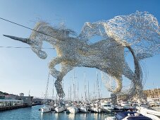 Installation of unicorn made from fishing nets at Port in Izmir Province, Aegean, Turkey