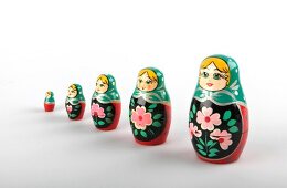 Various sizes of Babushka matryoshka dolls in a row