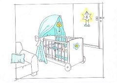 Illustration of crib with canopy in children room