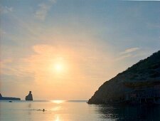 View of bay at sunset in Ibiza island, Spain