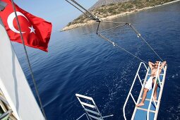 Flag of Turkey on boat in Dataca and Knidos, Turkey