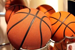 Close-up of basketballs in sports shop