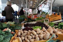 Fresh vegetables on market stall at Stuttgart Market Hall, Baden-Wurttemberg, Germany