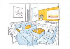 Illustration of sitting area with sofa set, television and paintings on wall