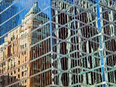 Close-up of Burrard station in front of building at Pender Street, Vancouver, Canada