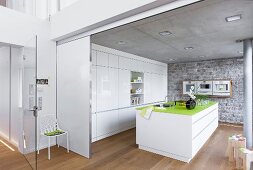 Kitchen with grey stone wall, green counter top and white wall cabinet