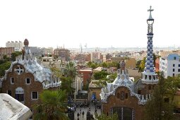 View of people at entrance of Park Guell Garden in Barcelona, Spain