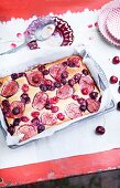 Cherry and fig cake in serving tray