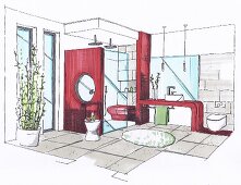 Illustration, Badezimmer, Grundriss, Zen, Duschtempel, rot