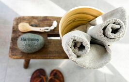 Close-up of bathroom accessories on stool