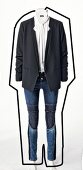 Blue jeans, blazer and white blouse on mannequin against white background
