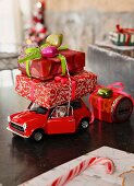 A model car laden with Christmas presents