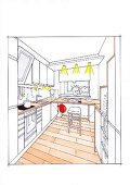 Illustration of kitchen with furnished cabinets and recessed lights