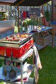 A barbecue and utensils for a garden party