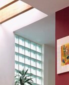 Floor to ceiling hallway next to a red wall and view of a glass brick window with house plants